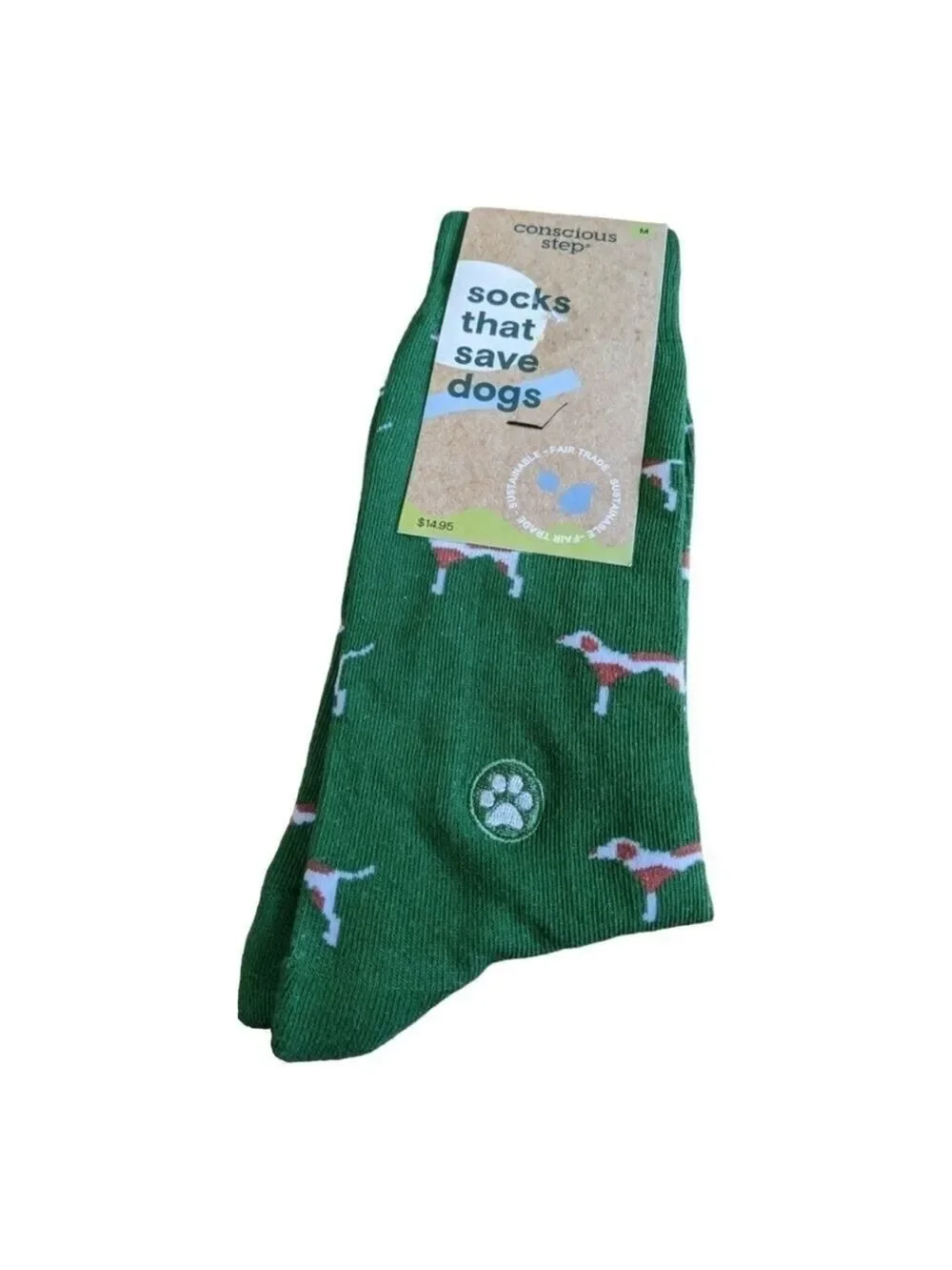 ⭐Conscious Steps,Socks save Dogs,green, embroidered paw print, M 8-13 W 9-14